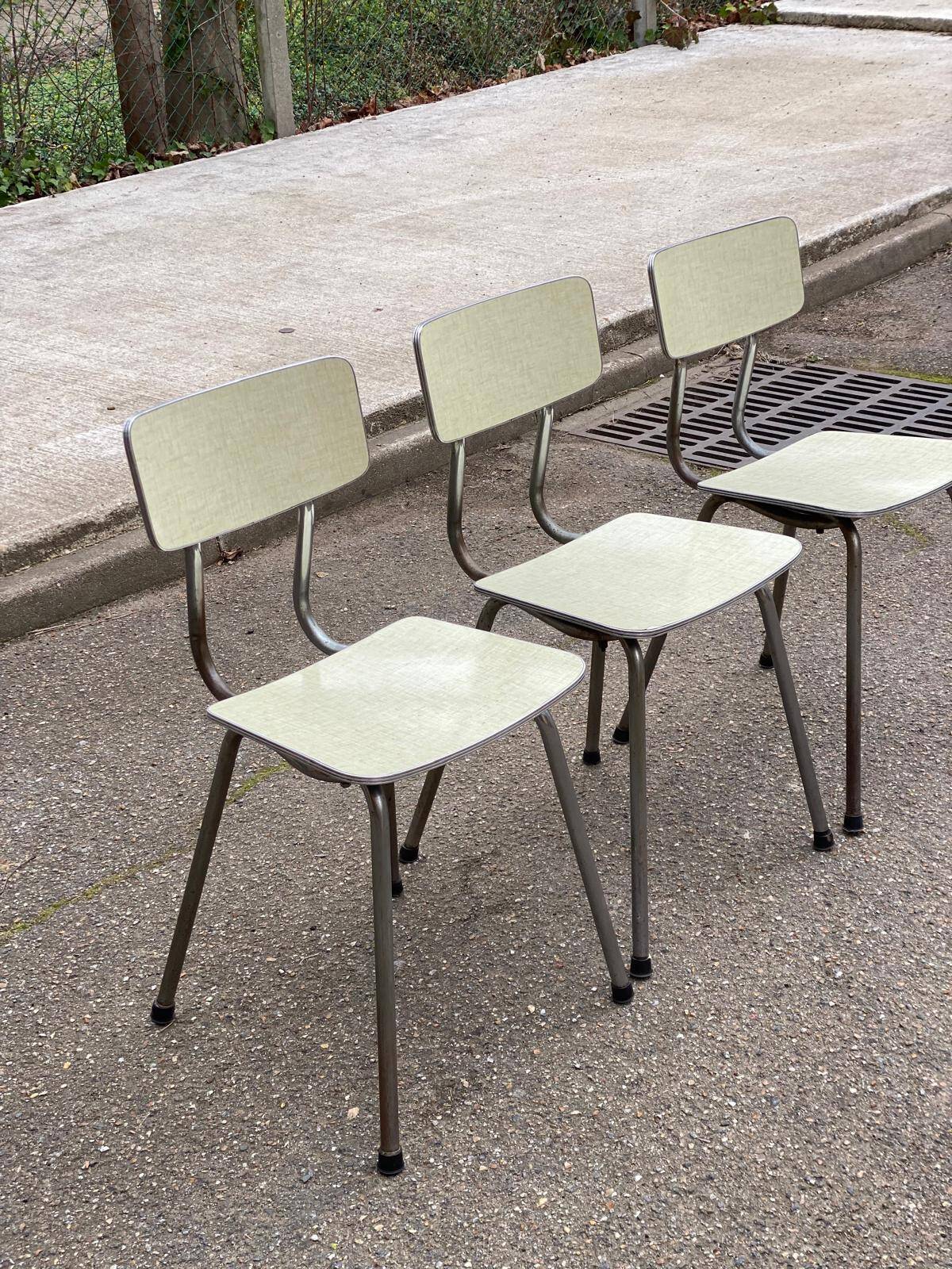 Set of 3 light green formica chairs by Plastilux from the 1950s.