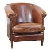 Cognac-colored sheepskin leather club chair