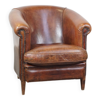 Fauteuil club en cuir de mouton couleur cognac
