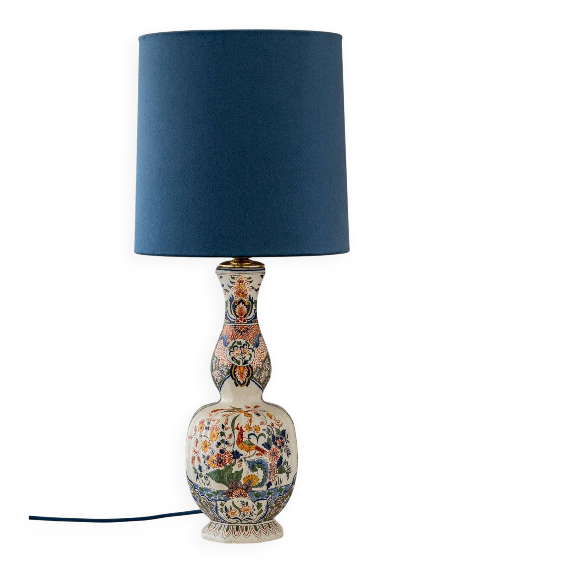 Delft-style ceramic table lamp from France around 1900 with a new blue velvet shade.