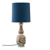 Delft-style ceramic table lamp from France around 1900 with a new blue velvet shade.