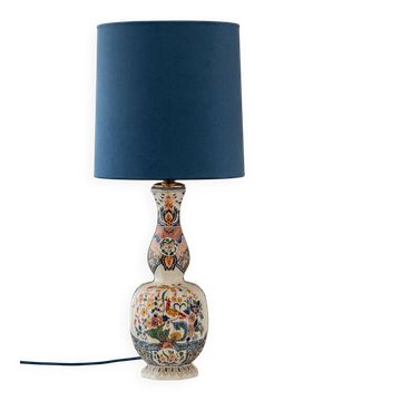 Delft-style ceramic table lamp from France around 1900 with a new blue velvet shade.