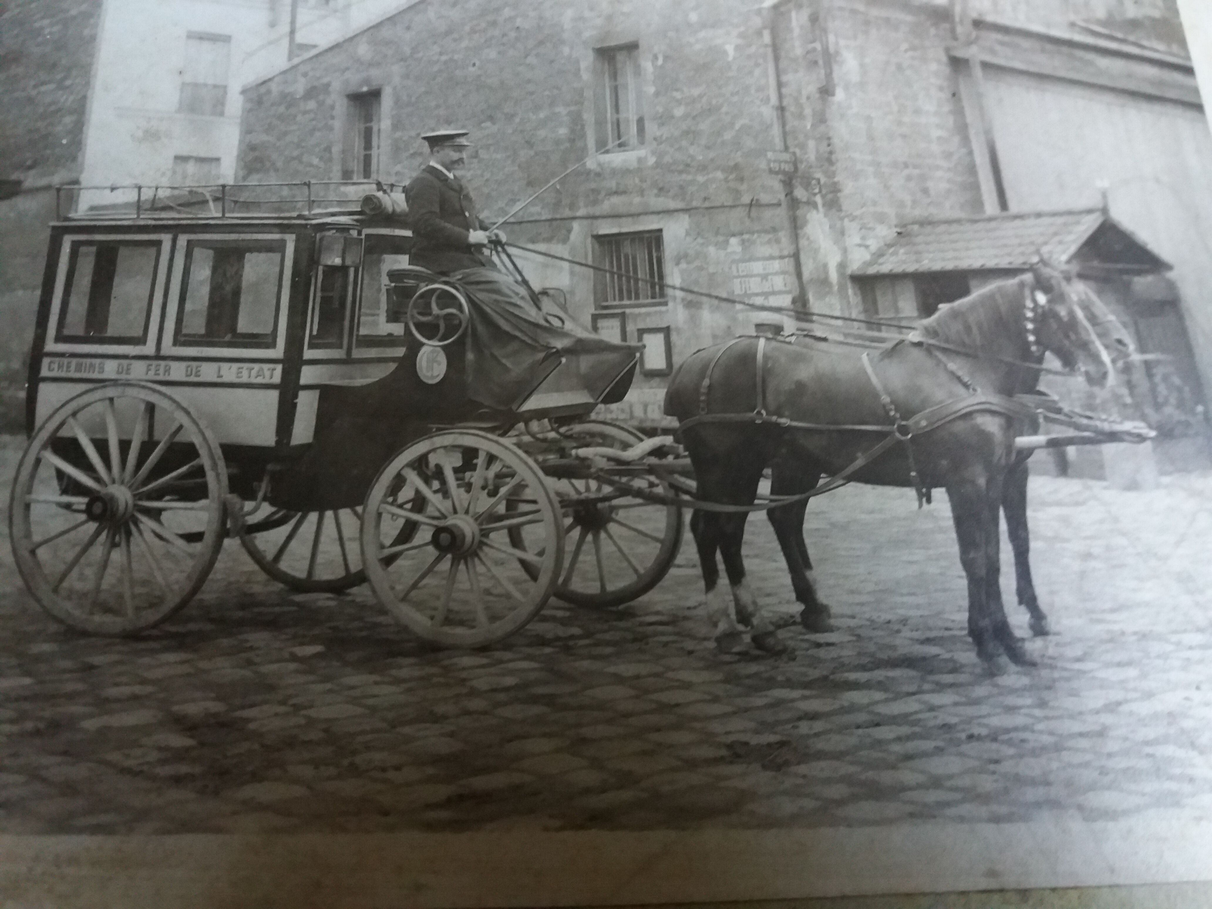 Old photograph 1900 stagecoach, coachman and horses, State Railways