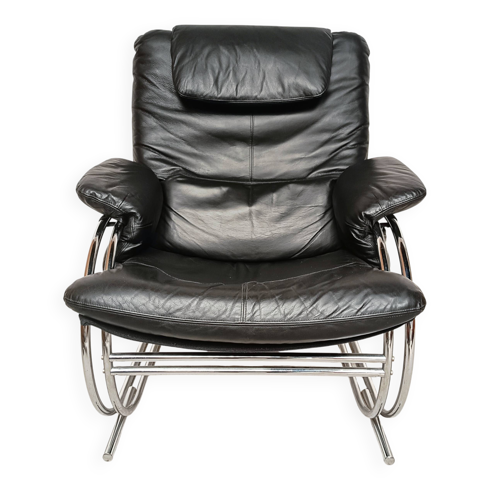 Black leather armchair, Italy 1970