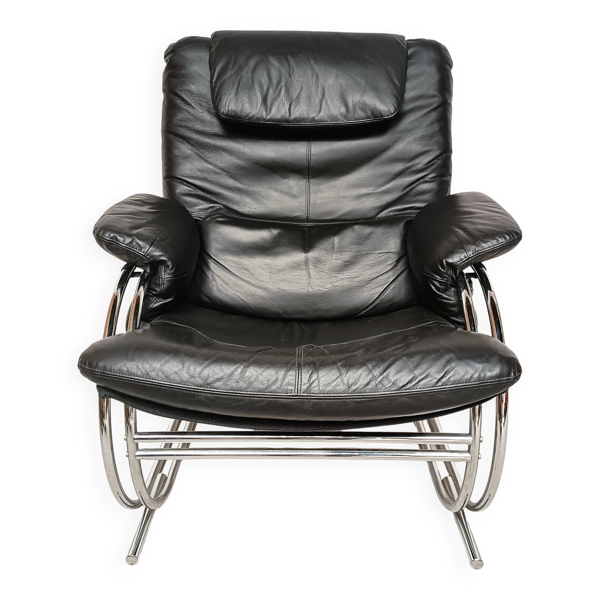 Fauteuil cuir noir, Italie 1970