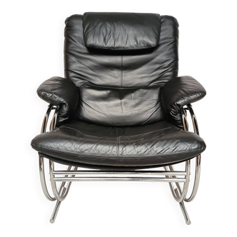 Black leather armchair, Italy 1970