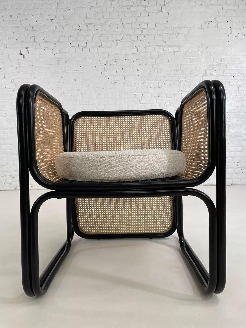 Cubic armchair in black rattan and canework