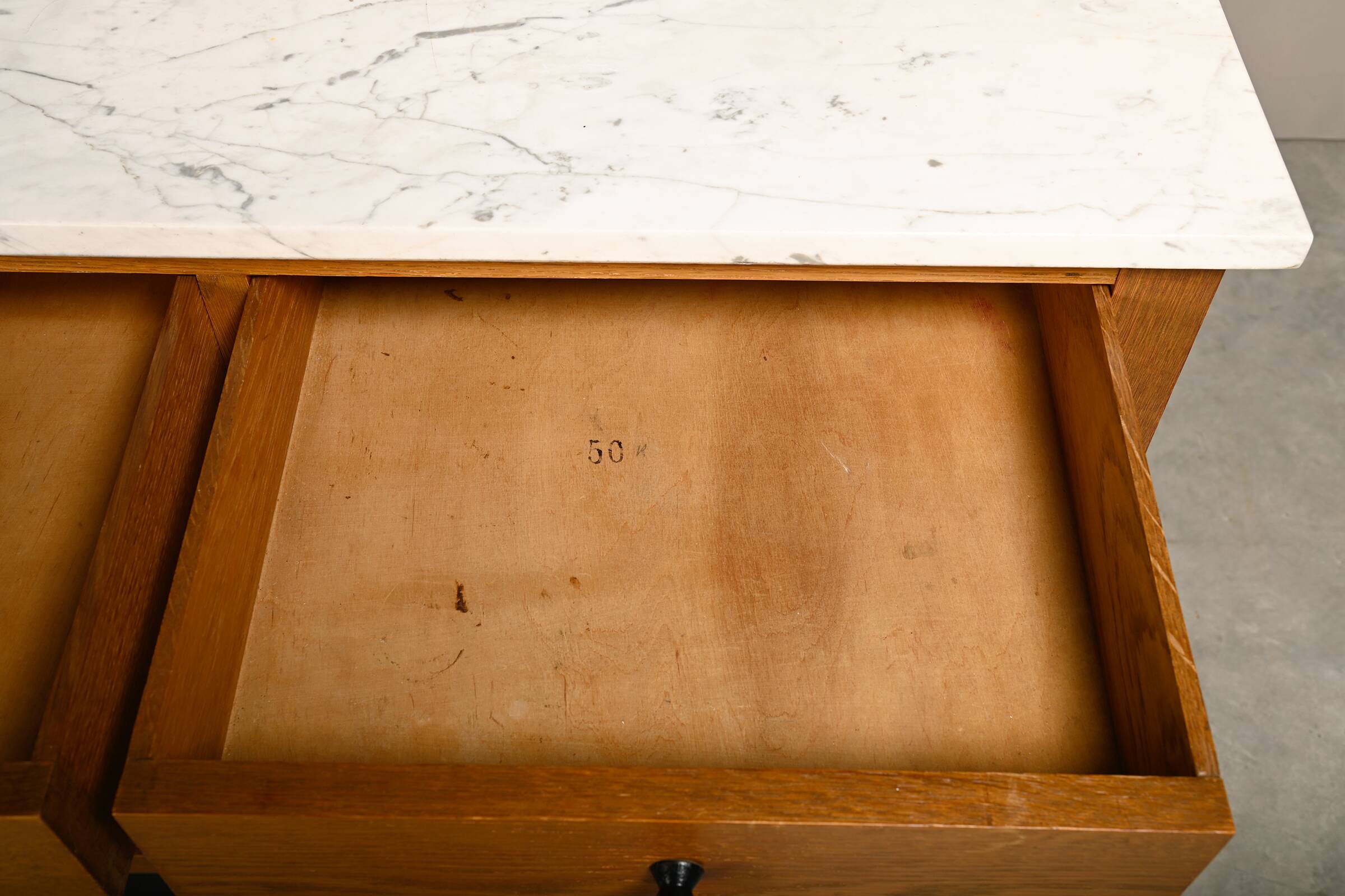 Art Deco Amsterdam School Cabinet Sideboard Oak and Marble, 1930s Netherlan
