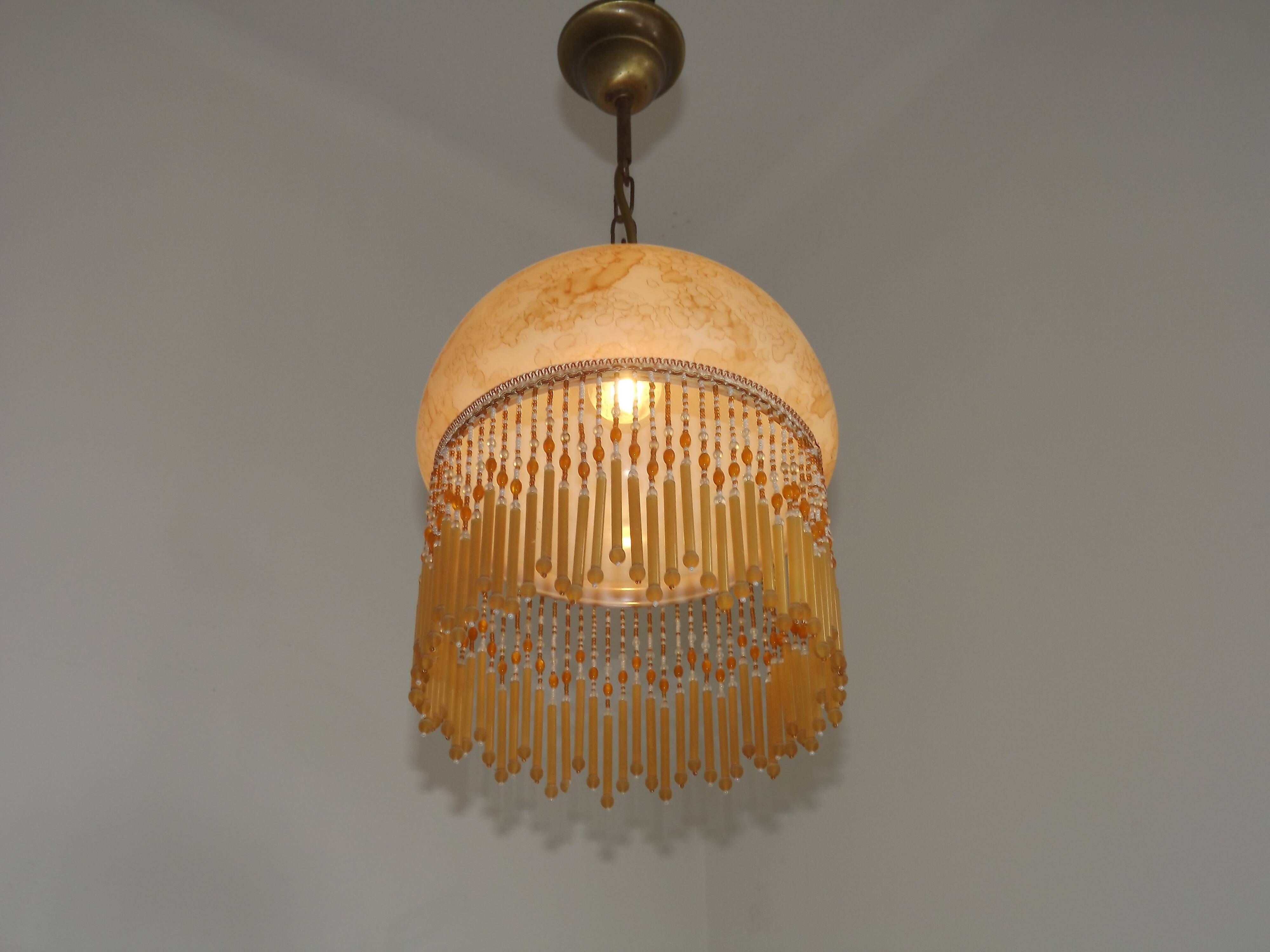 Mid Century Amber Mottled Glass Ceiling Light with Beaded Glass Fringe