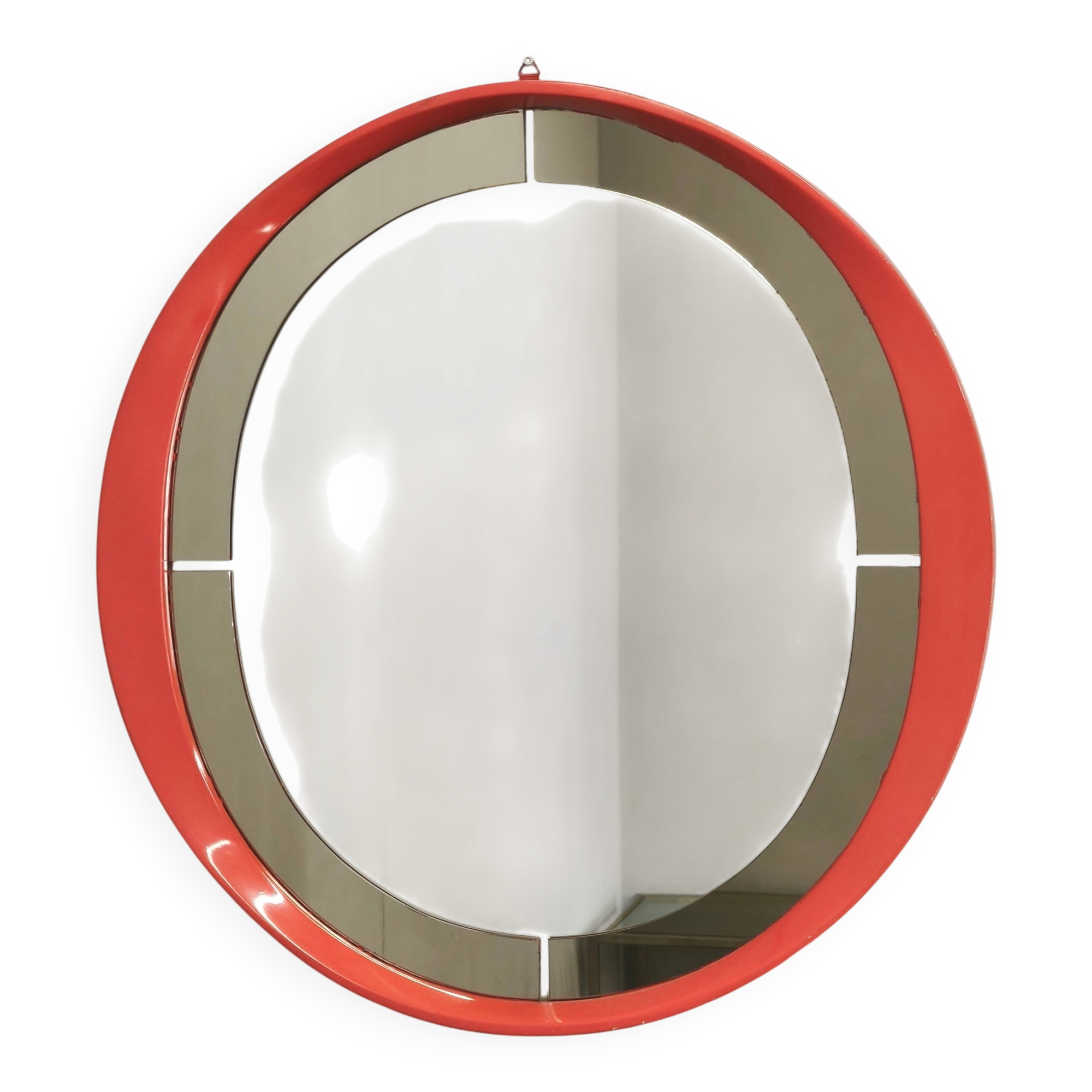 1970s Italian Space Age Red Lacquer and Smoked Glass Round Mirror
