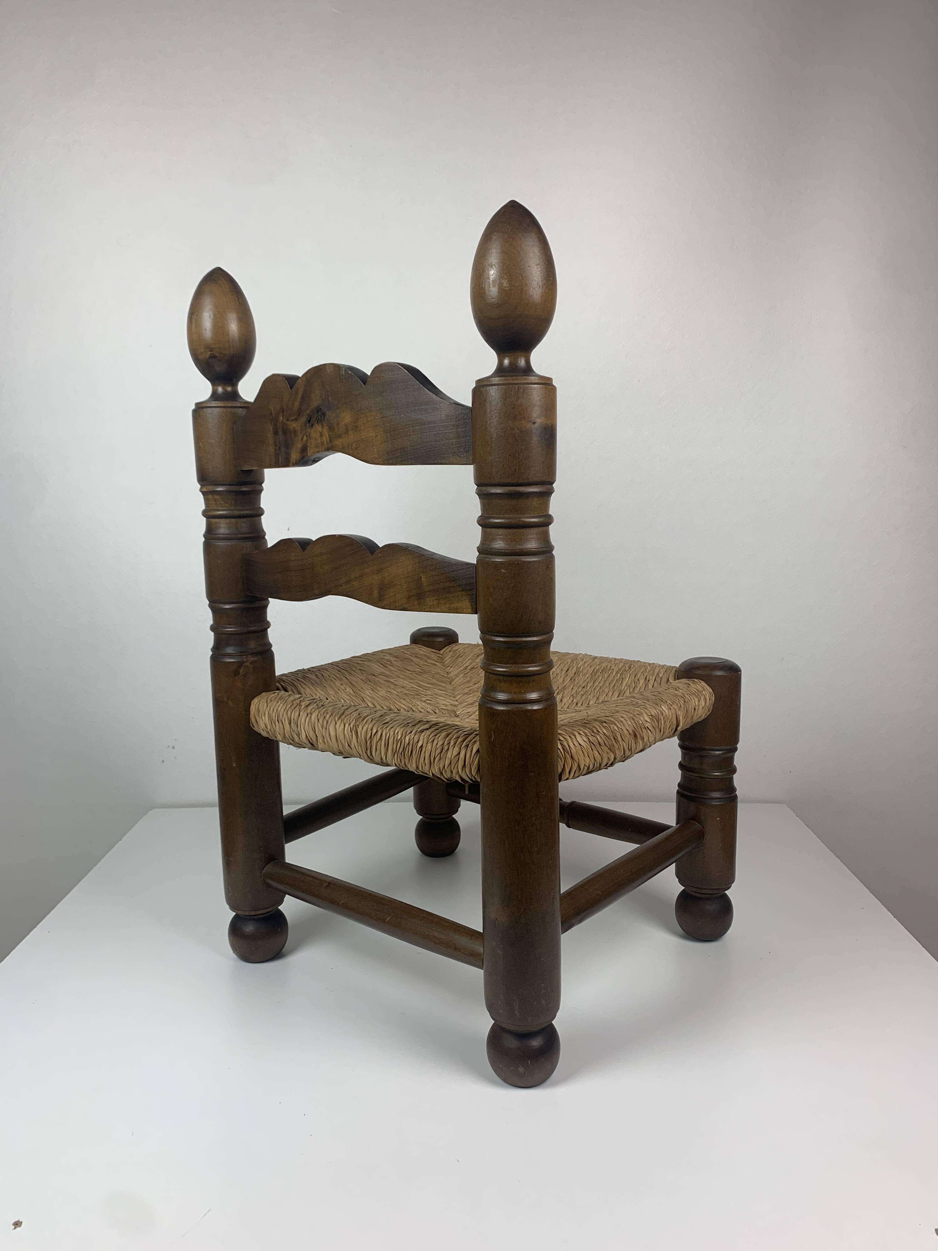 Wood Turned Bobbin Low Rush Chair in the manner of Charles Dudouyt, France, 1950s