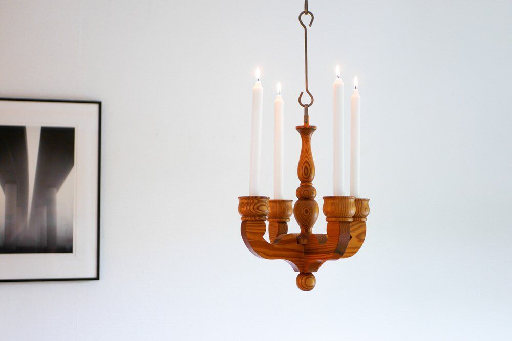 Rustic wooden pendant chandelier candleholder from Smålandsslöjd, Sweden, 1975