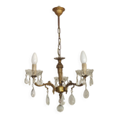 Petite French Crystal Chandelier- Gold Tone Vintage Lighting-Glass Bobeches