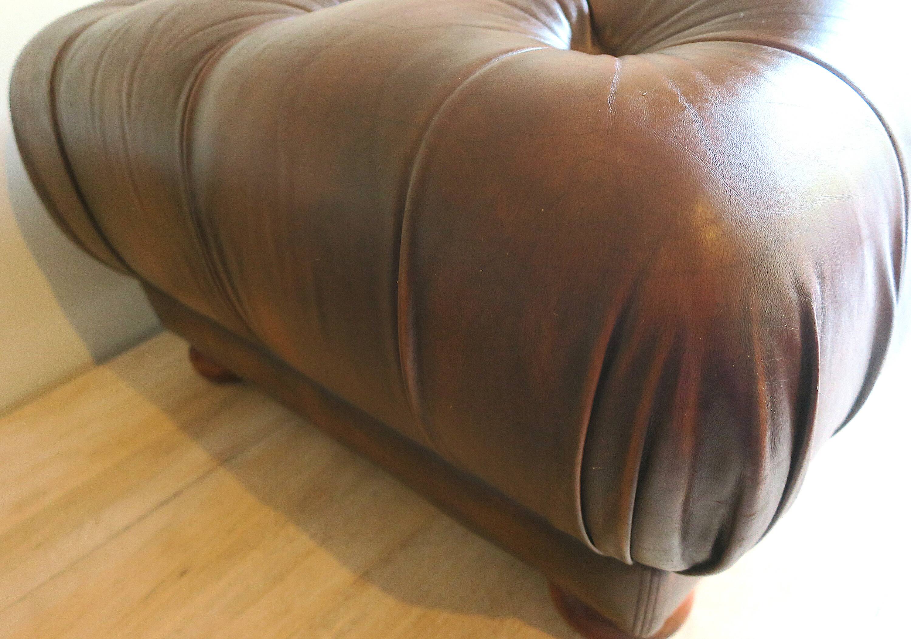 Chesterfield brown tufted leather pouffe ottoman