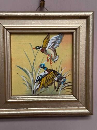 Mid-Century Oil on Panel “ Birds” by Unknown, Vintage & Framed 11 × 11 cm