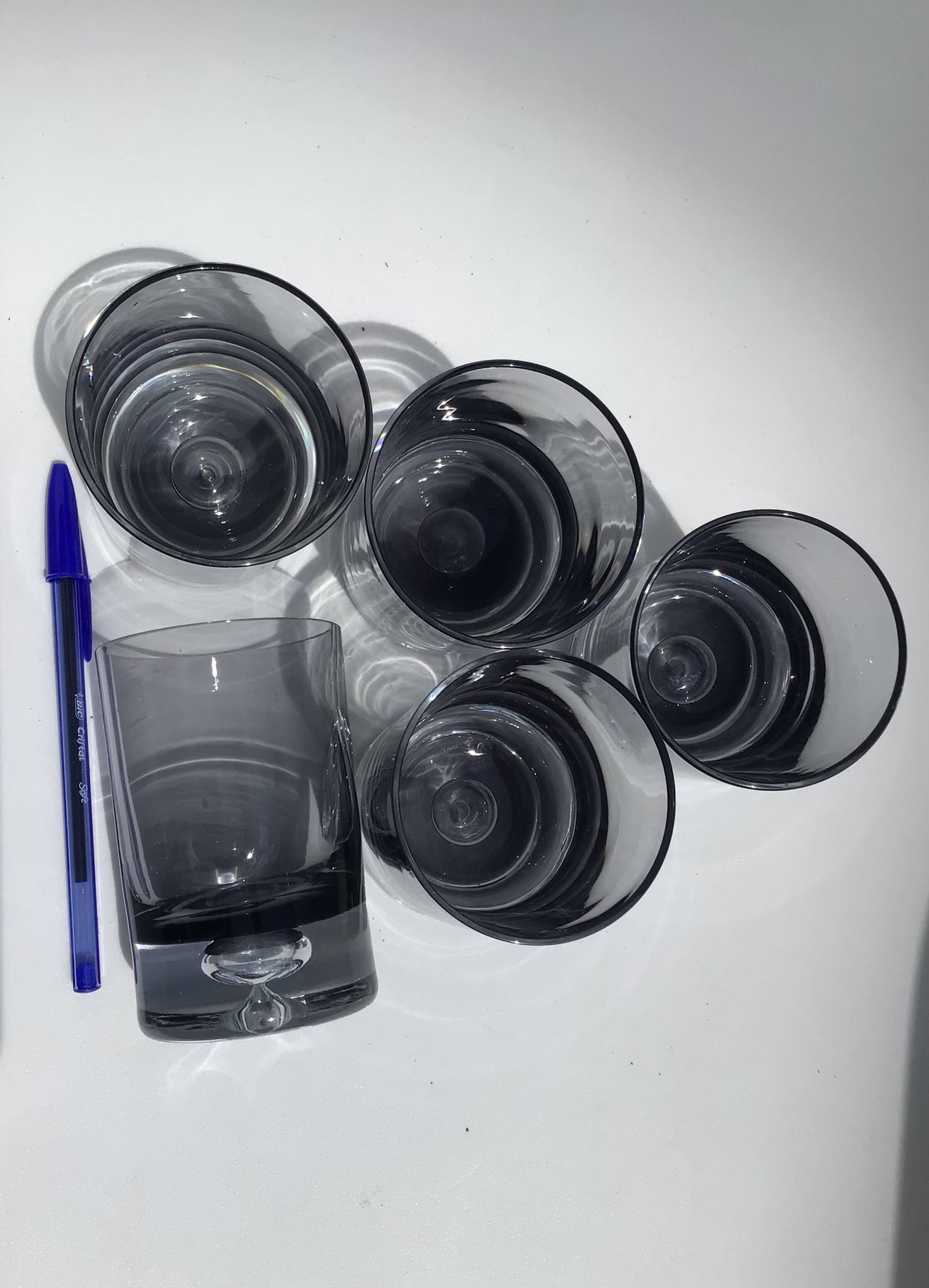 5 70's large bubble black smoked whiskey glasses