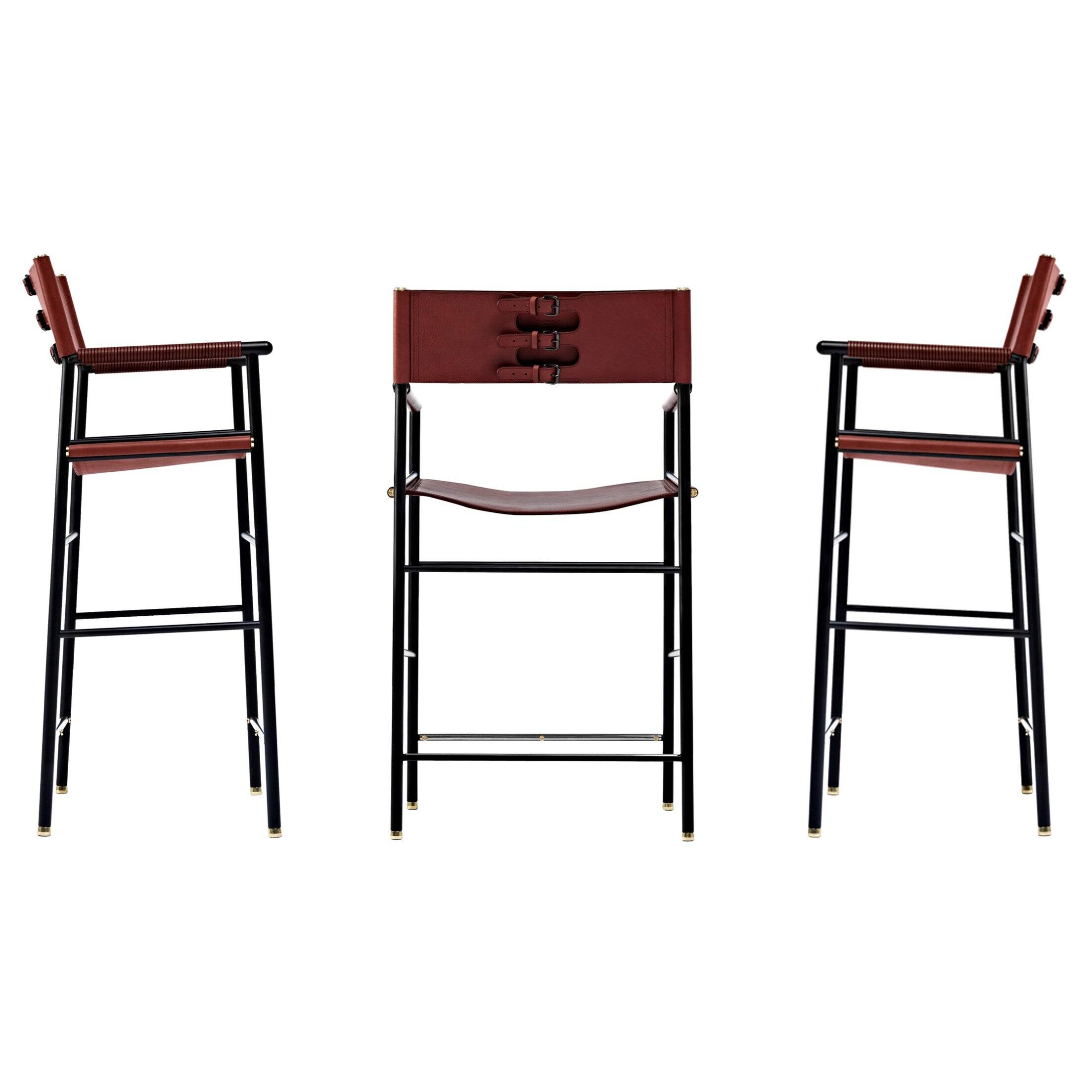 Set of 3 Artisan bar stools with backrest in cognac leather, black rubber metal.