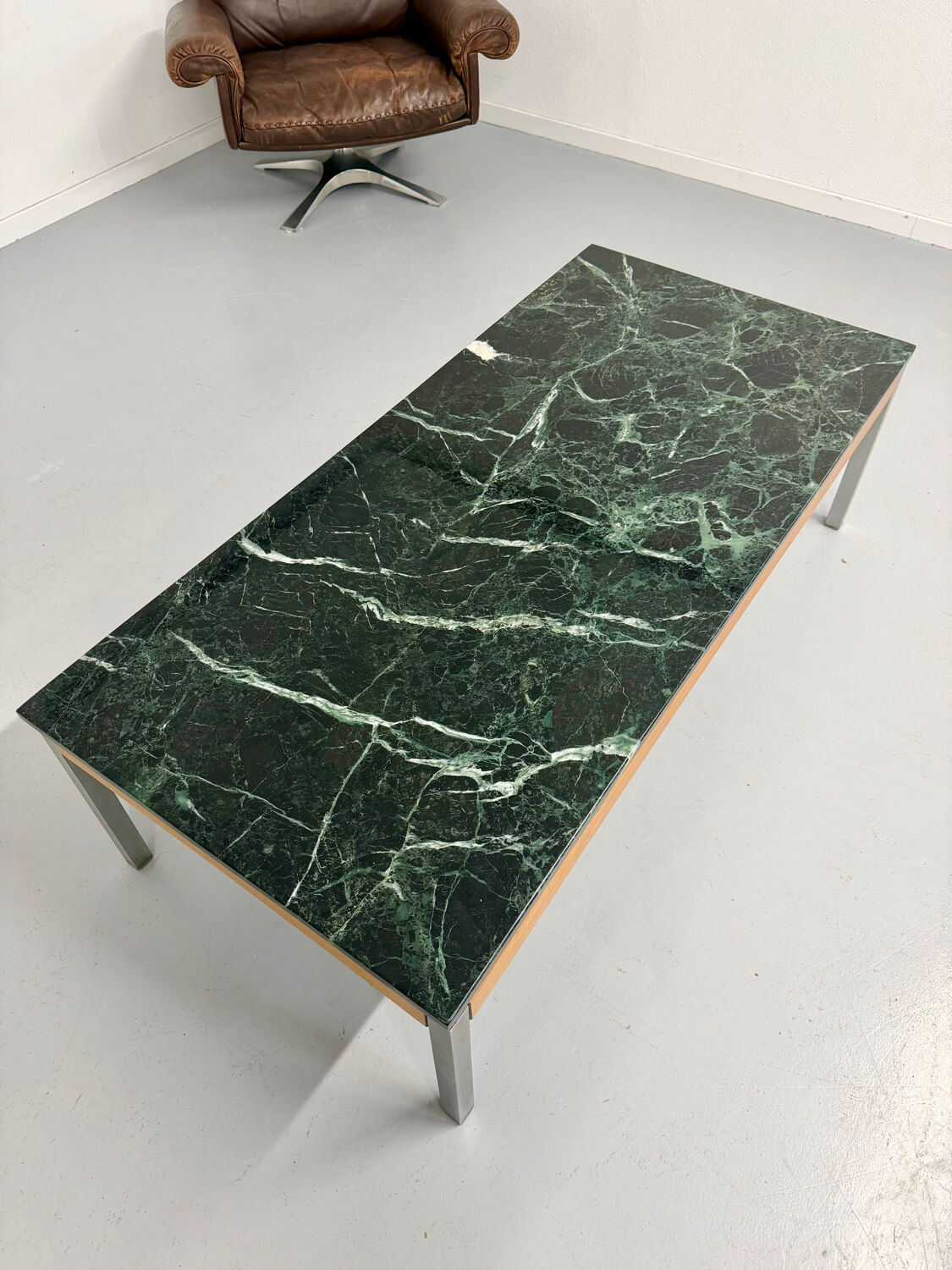 Vintage 1960s Italian design green marble and metal coffee table.