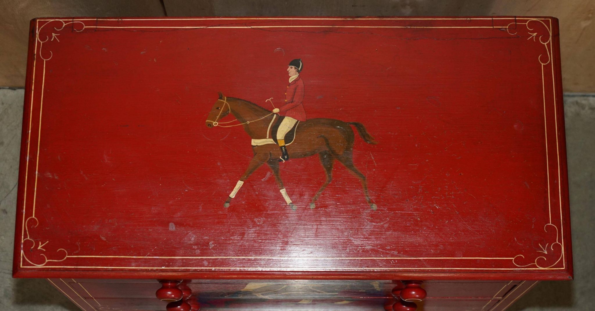 Hand-painted Victorian pine commode featuring a horse and jockey.
