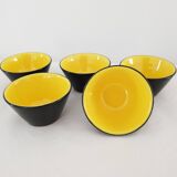 Set of 5 small black & yellow ceramic bowls (Ramekins) signed Kéramos Sèvres