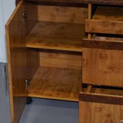 Walnut Burr buffet with drawers and wheels, part of a set.