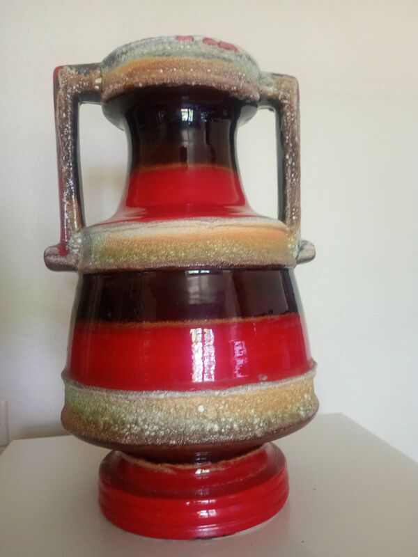 Grand vase balustre double anse - céramique émaillé rouge brun ''lava