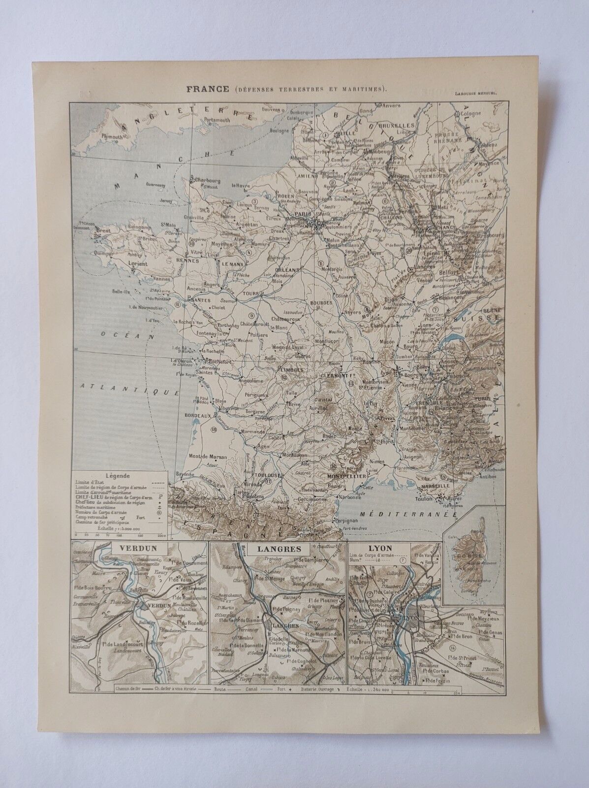Gravure ancienne • Carte de France de la Défense • Affiche originale et vintage de 1909