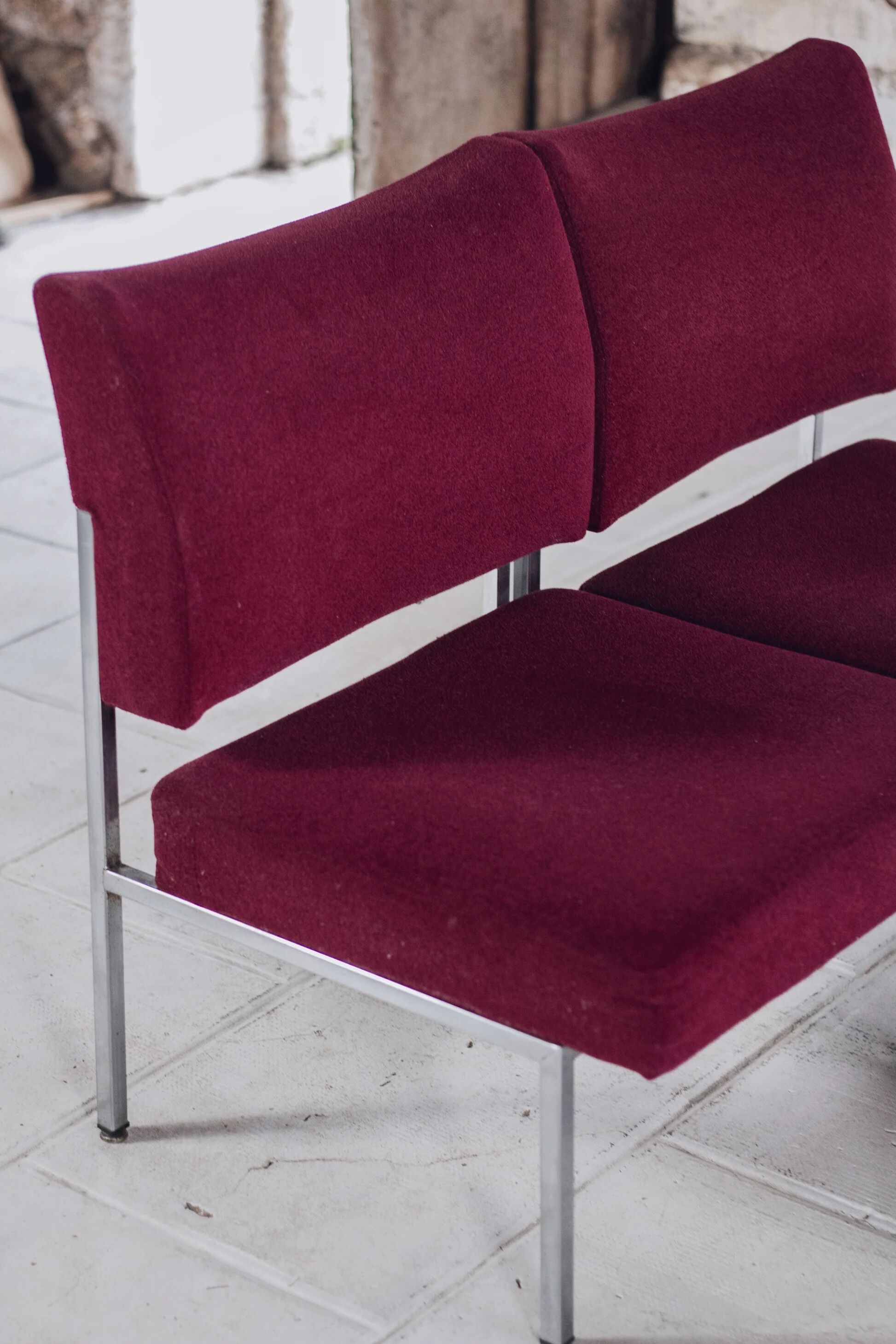 Set of 4 modernist burgundy armchairs, 1970.