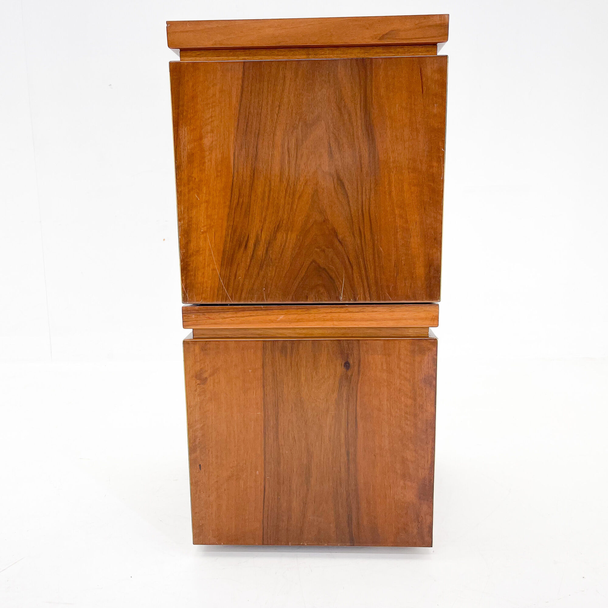 Set of walnut veneer side or night tables with brass detail, Italy 1950s