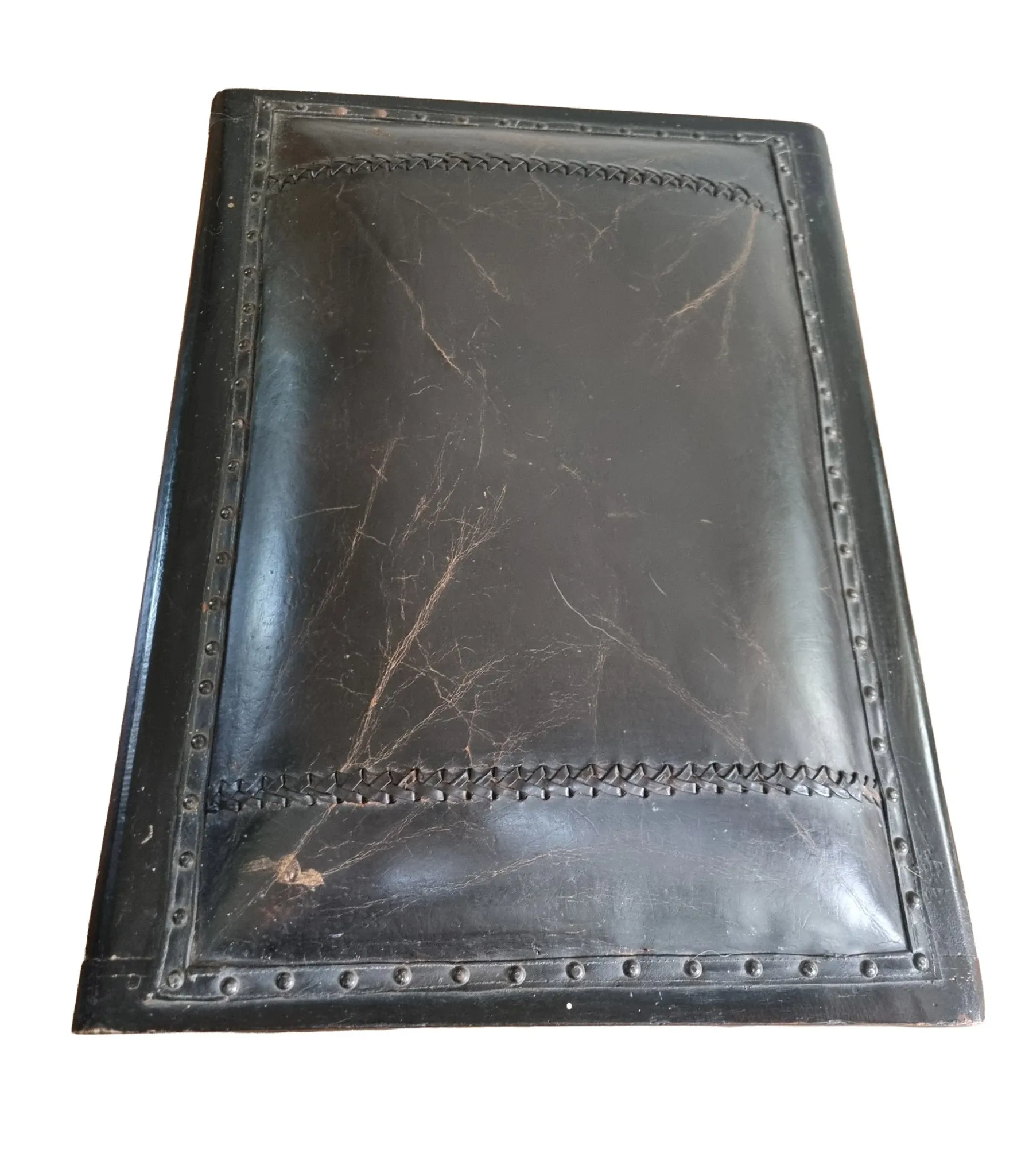 Black leather footstool with curved legs – vintage