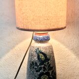 Pied de lampe en grès décor floral bleu nuit