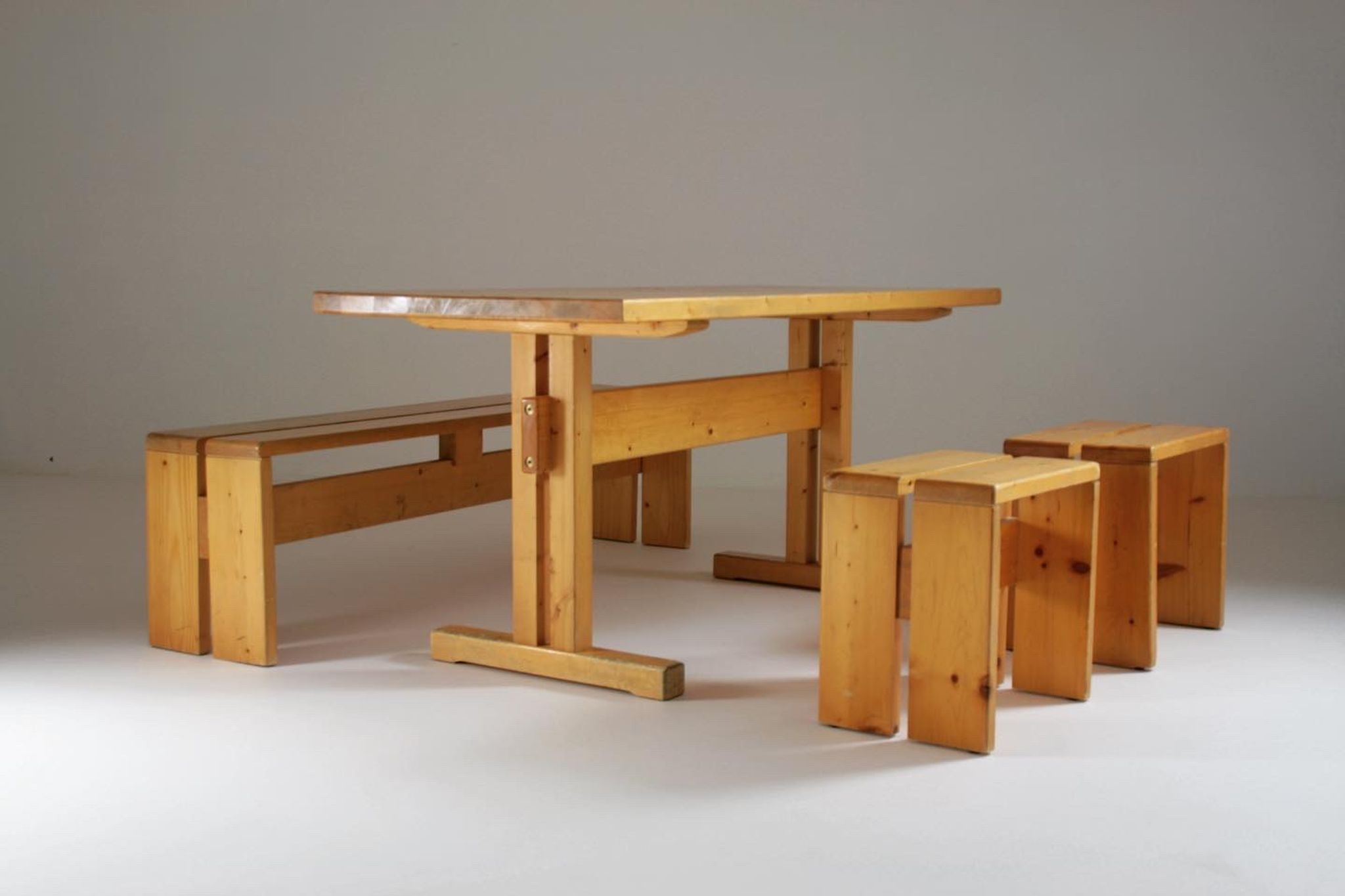Table, bench and stools Les Arcs by Charlotte Perriand, France, 1960