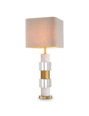 Pair of table lamps in patinated brass, white marble and crystal.