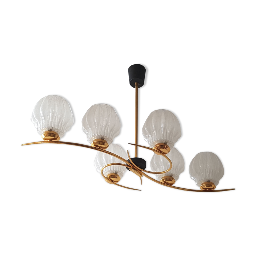 Lustre Vintage 3 Lumières Bois & Métal Doré Avec Verre Givré