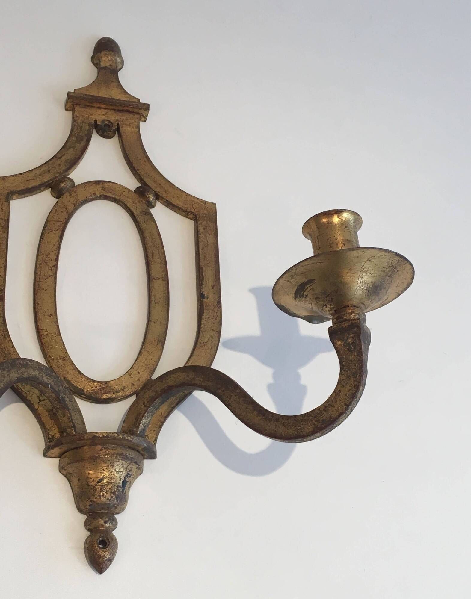 Golden Wrought Iron Wall Light with Oval Shield and Two Arms. French Work.