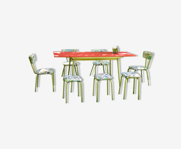 Ensemble table chaise tabourets formica motif exotique