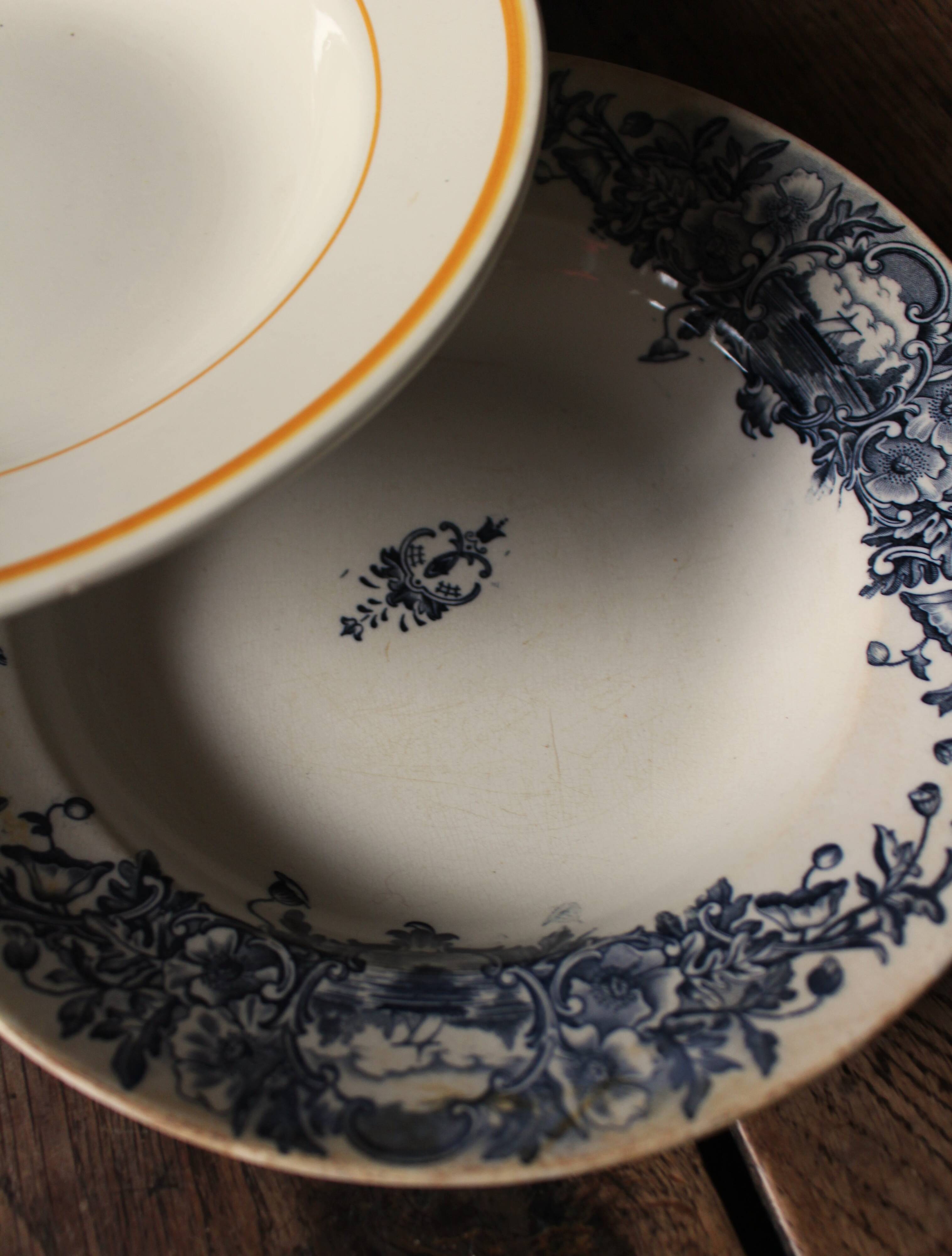 6 mismatched Terre de Fer soup plates from Digoin Sarreguemines