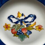 6 Bernardaud Limoges Borghese dessert plates with blue rim and fruit ribbon