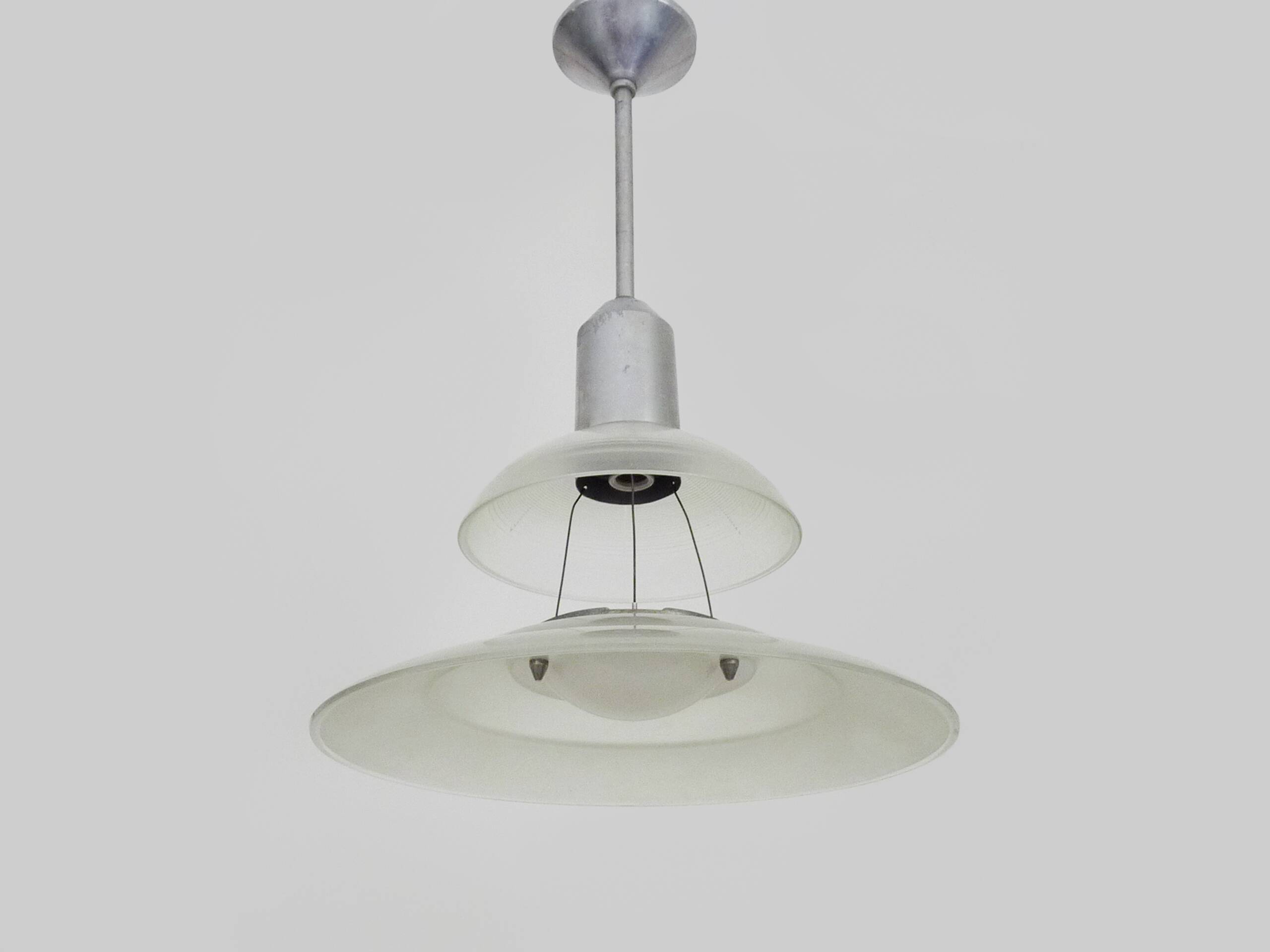 Chandelier, Space Age Flying Saucer Pendant Light, Holophane Style, Industrial Glass. 70s