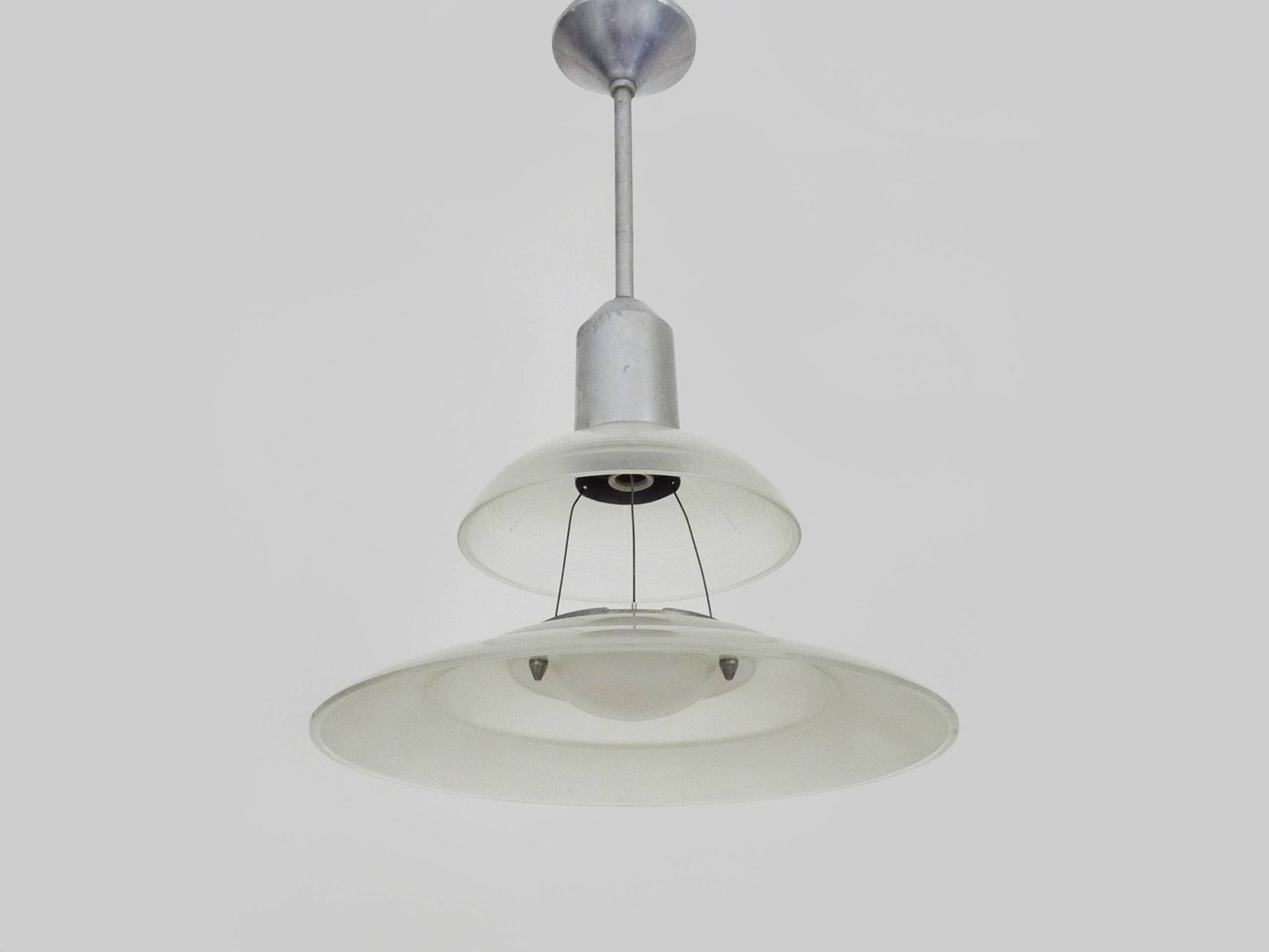 Chandelier, Space Age Flying Saucer Pendant Light, Holophane Style, Industrial Glass. 70s