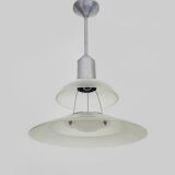 Chandelier, Space Age Flying Saucer Pendant Light, Holophane Style, Industrial Glass. 70s