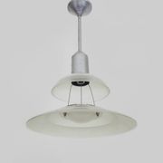 Chandelier, Space Age Flying Saucer Pendant Light, Holophane Style, Industrial Glass. 70s