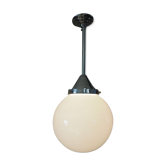 Art Deco suspension globe in white opaline with an aluminium stem.