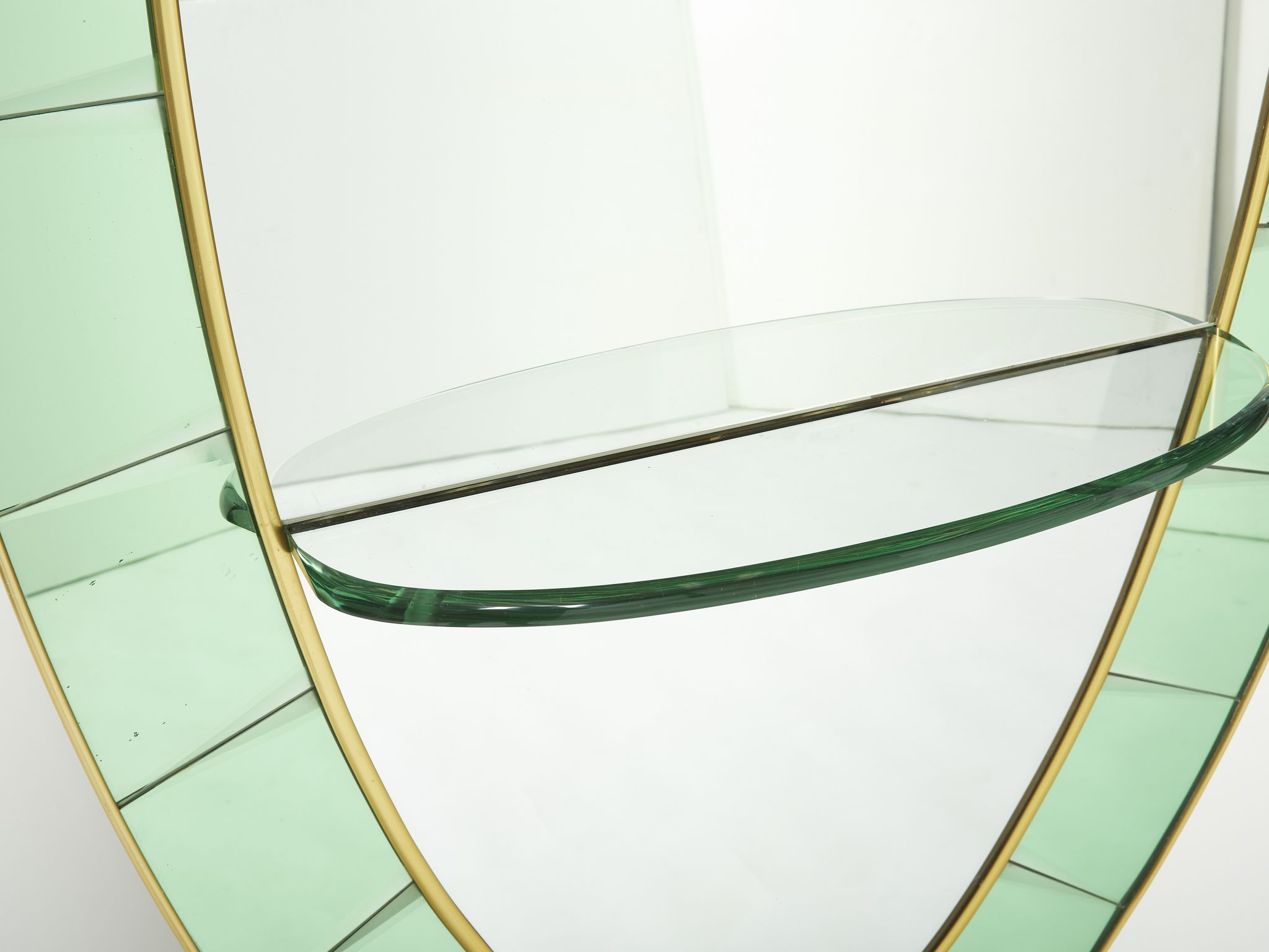 Large Italian mirror oval brass crystal green crystal of Cristal Arte 1950s 110x219cm
