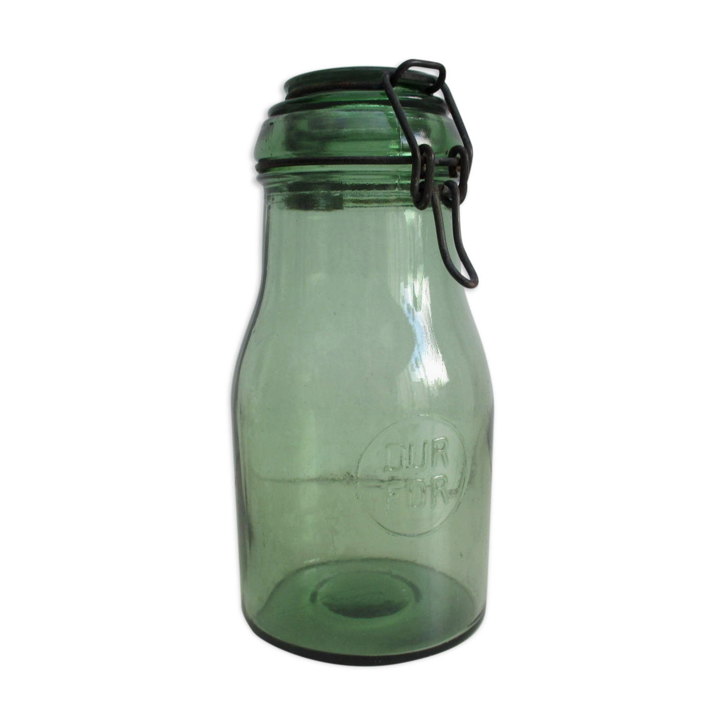 Old green glass jar, "DURFOR"