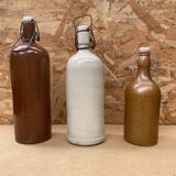 Set of 3 old brown & white stoneware bottles vintage kitchen