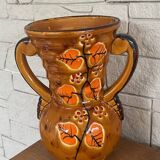 Old Vase With Brown Ceramic Handle + Leaf Decor 60s Vintage