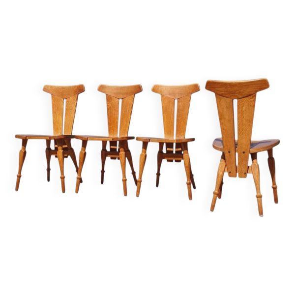 4 chaises de café brutalistes en chêne, années 1960