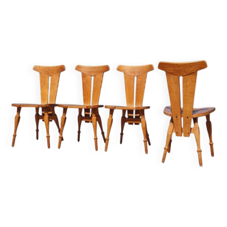Set 4 Brutalist sculptural vintage oak cafe dining chair 1960s