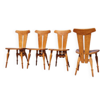 4 chaises de café brutalistes en chêne, années 1960